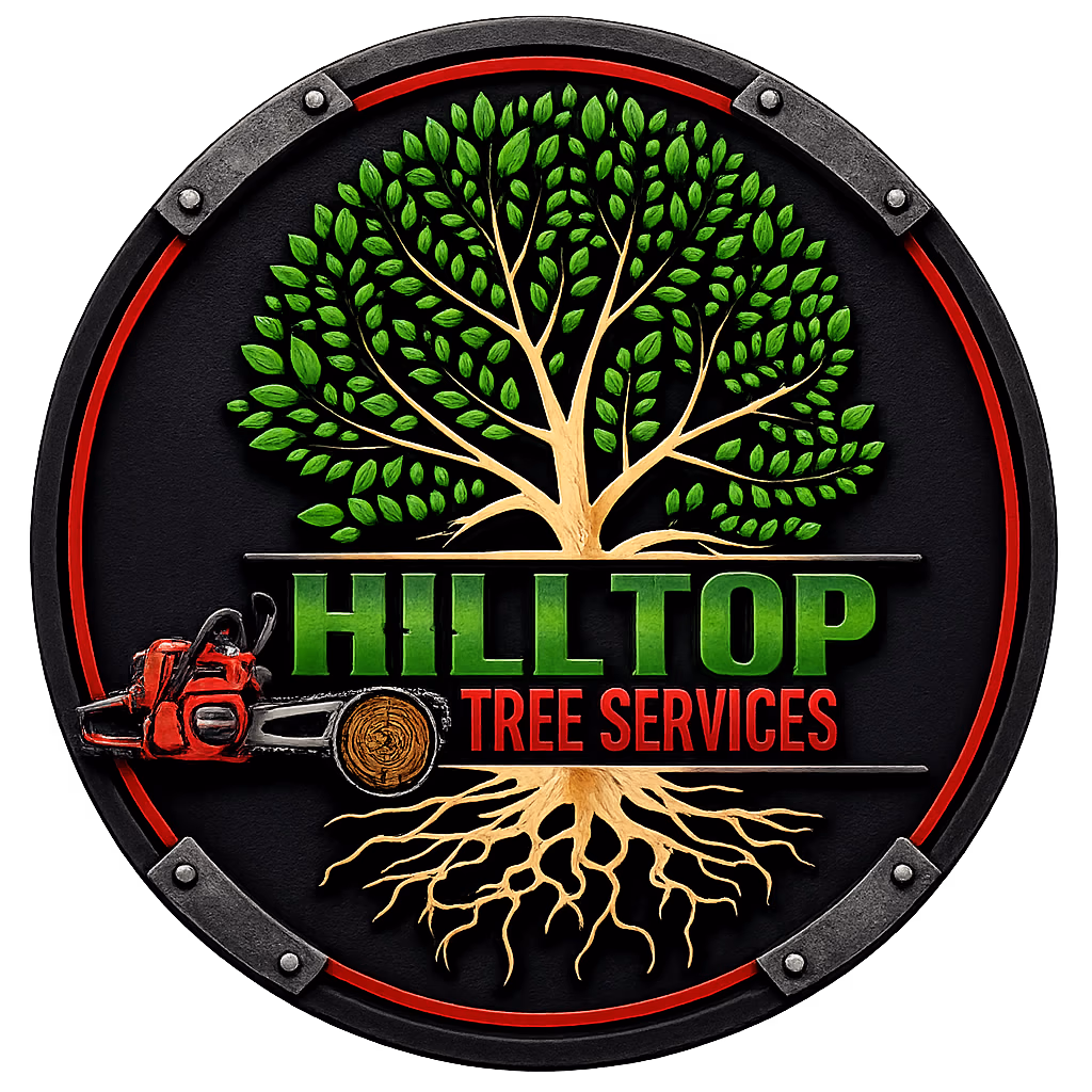 Logo with a green leafy tree, roots, red chainsaw, and text 'HILLTOP TREE SERVICES'.