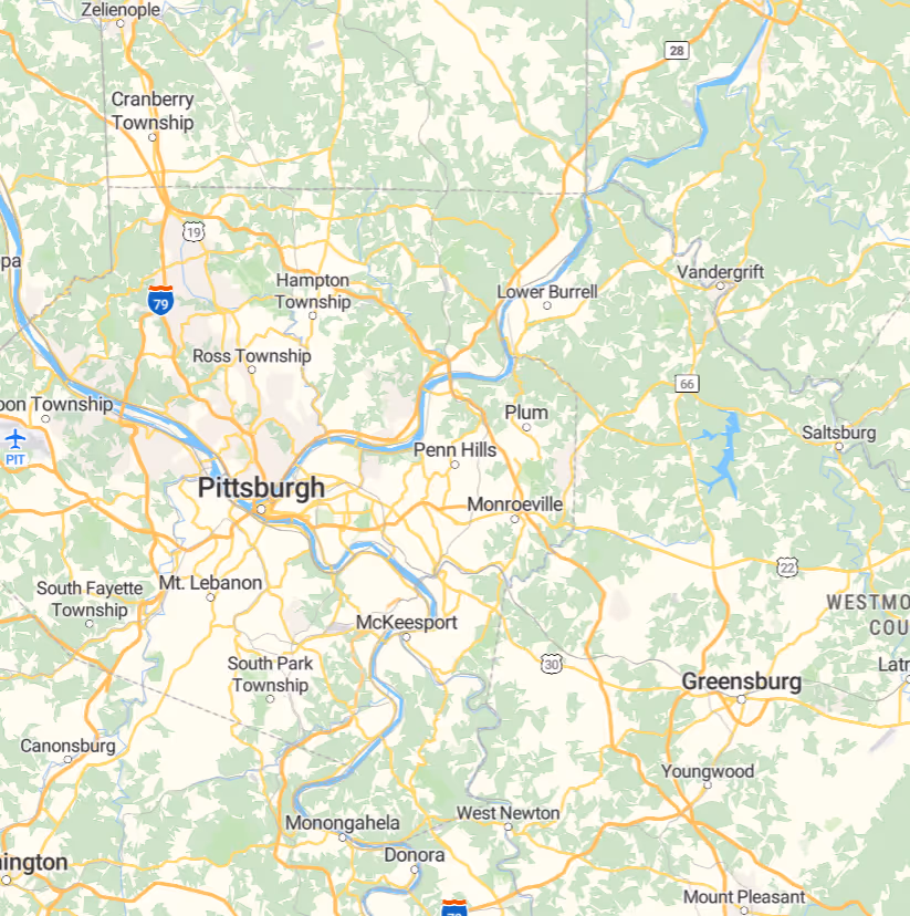 Map of Pittsburgh and nearby towns including Greensburg, Monroeville, and Mt. Lebanon in Pennsylvania.